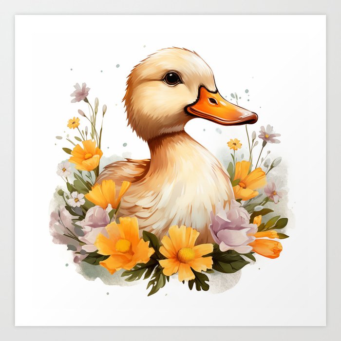 Duck with flowers Art Print