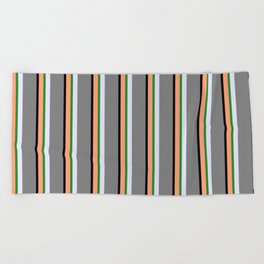 [ Thumbnail: Light Salmon, Black, Grey, Lavender, and Forest Green Colored Stripes Pattern Beach Towel ]