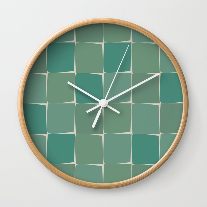 Flux Midcentury Modern Check Grid Pattern in Jade Green Wall Clock