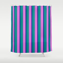 [ Thumbnail: Dark Cyan, Orchid, and Dark Blue Colored Stripes/Lines Pattern Shower Curtain ]