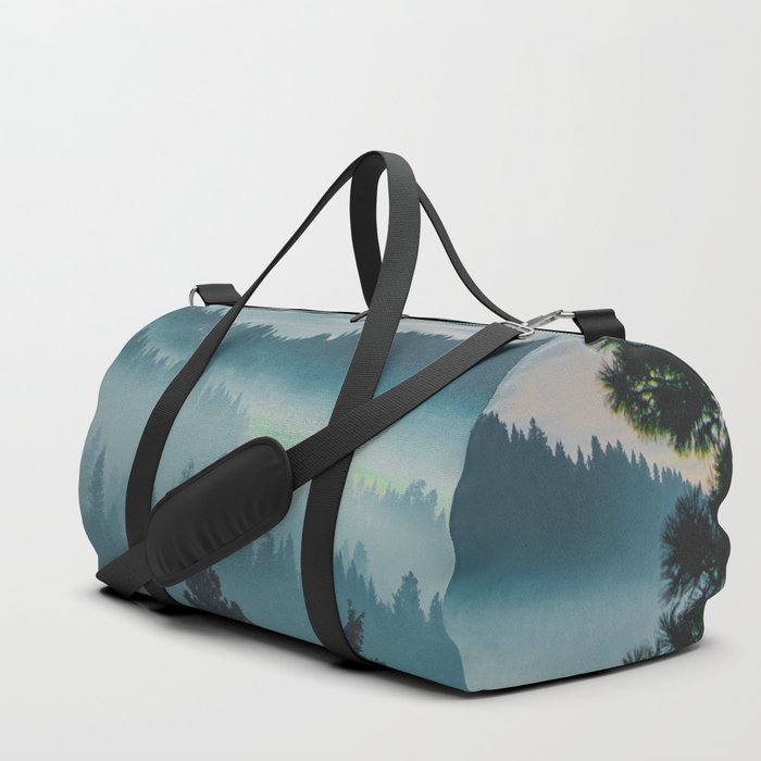 Misty Blue Watercolor Mountains Pine Trees Silhouette Minimalist Monochromatic Photo Duffle Bag