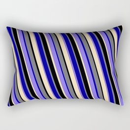 [ Thumbnail: Vibrant Dim Grey, Dark Blue, Medium Slate Blue, Tan & Black Colored Striped Pattern Rectangular Pillow ]
