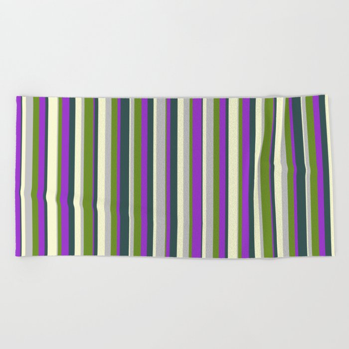 Colorful Light Yellow, Dark Slate Gray, Dark Orchid, Green, and Grey Colored Striped Pattern Beach Towel