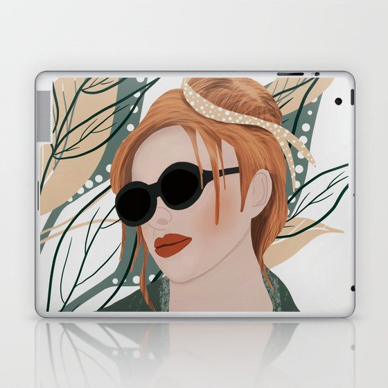 Girl with sunglasses on green leafy background  Laptop & iPad Skin