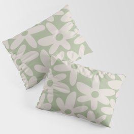 Daisy Time Retro Floral Pattern in Sage Green and Beige Pillow Sham