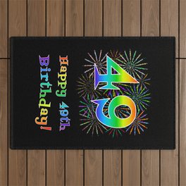 [ Thumbnail: 49th Birthday - Fun Rainbow Spectrum Gradient Pattern Text, Bursting Fireworks Inspired Background Outdoor Rug ]