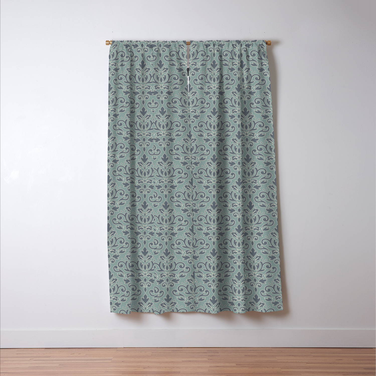 Scroll Damask Outline Pattern Blue Cream Teal Blackout Curtain