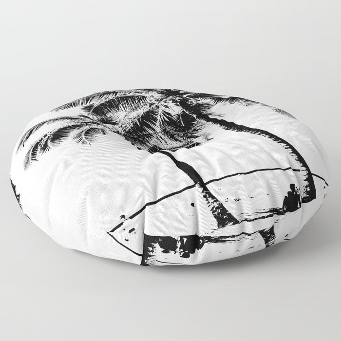 Black and White Palm Tree with Hawaii Summer Sea Beach Floor Pillow