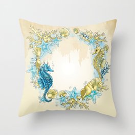 Blue Ocean life with Seahorses, Corals and Chells Throw Pillow