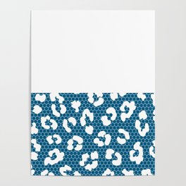 White Leopard Print Lace Horizontal Split on Petrol Blue Poster