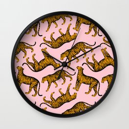 Tigers (Pink and Marigold) Wall Clock | Hand Drawn, Cats, Illucalliart, Tiger, Pink, Wildlife, Colorful, Animal, Drawing, Panther 