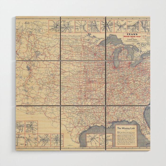  Paved Road Map of the United States 1930 - Vintage Illustrated Map Wood Wall Art