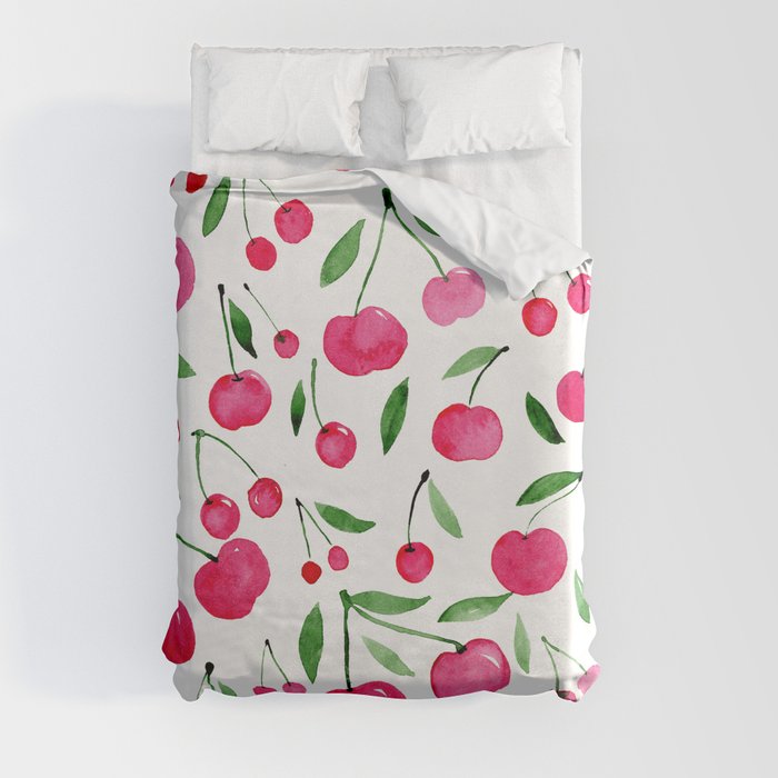 Watercolor cherries - green and pink Duvet Cover