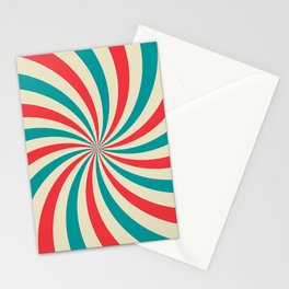 Retro background with curved, rays or stripes in the center. Rotating, spiral stripes. Sunburst or sun burst retro background. Turquoise and red colors. Vintage illustration Stationery Card