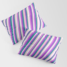 [ Thumbnail: Eye-catching Pink, Mint Cream, Orchid, Dark Orchid & Dark Cyan Colored Stripes Pattern Pillow Sham ]