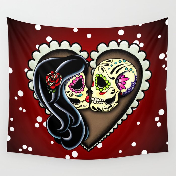 Skulls kissing tapestry cheap