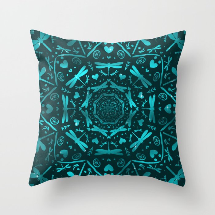 Decorative Dragonfly Mandala design in greens Throw Pillow