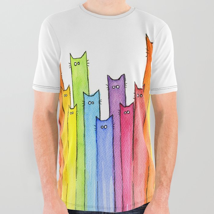 Cat Rainbow Watercolor Pattern All Over Graphic Tee