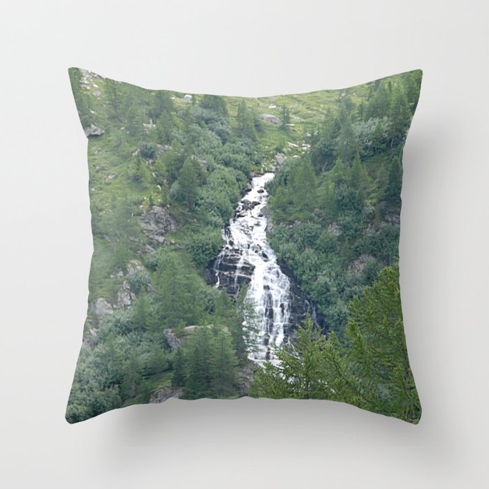 Alpine Valley River Waterfall Alps Mountains Landscape Throw Pillow
