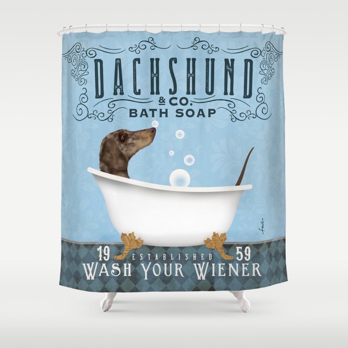 Dapple Dachshund dog bath tub clawfoot wash your wiener art Shower Curtain