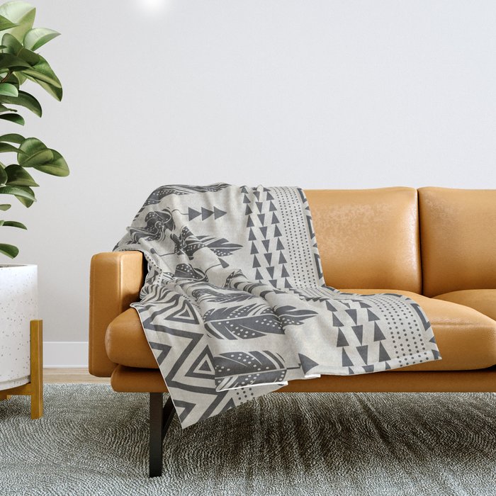 Tribal Feathers Black Amp Cream Throw Blanket By