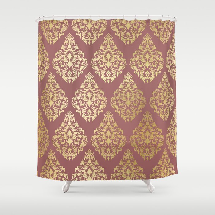 Burgundy and store gold shower curtain