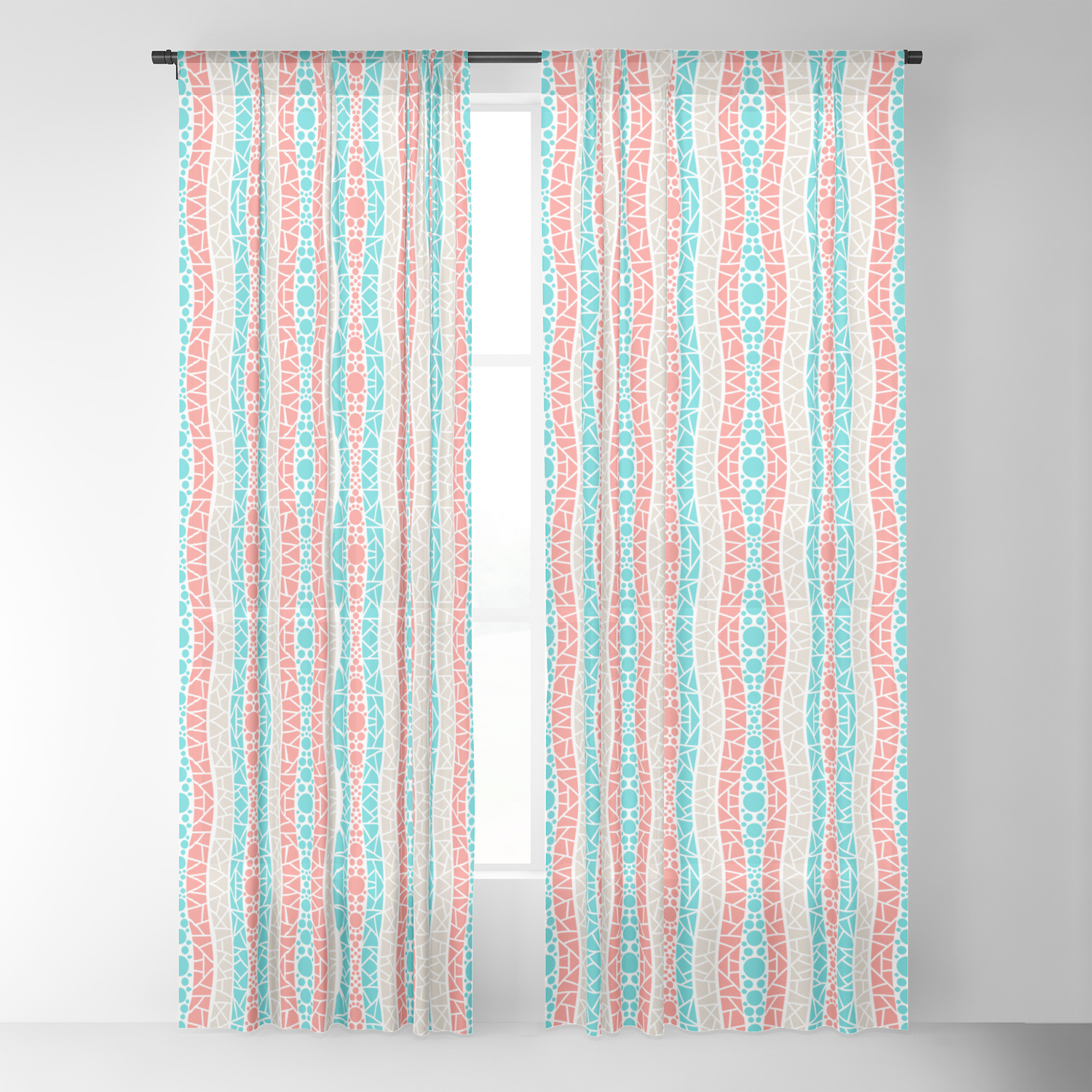 Mosaic Wavy Stripes In Coral Tan And Turquoise Sheer Curtain By