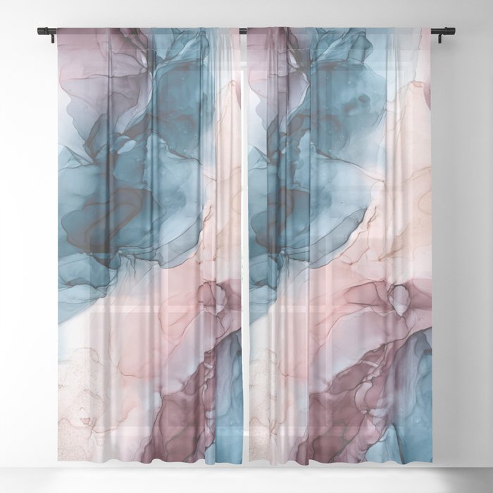 Pastel Plum, Deep Blue, Blush and Gold Abstract Painting Sheer Curtain