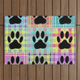 Colorful Quilt Dog Paw Print Drawing Outdoor Rug