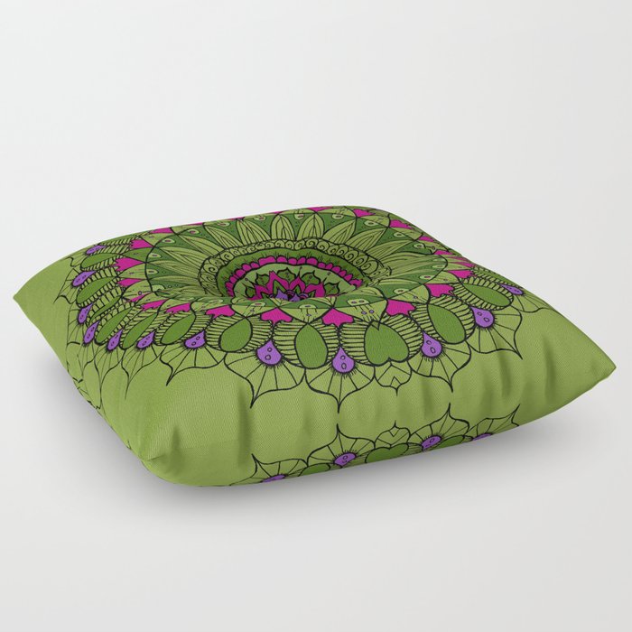 Bohemian Mandala in Green with Pink and Purple Floor Pillow
