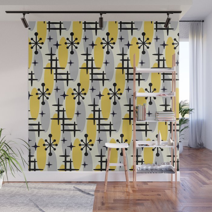 Retro Mid Century Modern Cosmic Surfer Pattern 231 Gray and Yellow Wall Mural