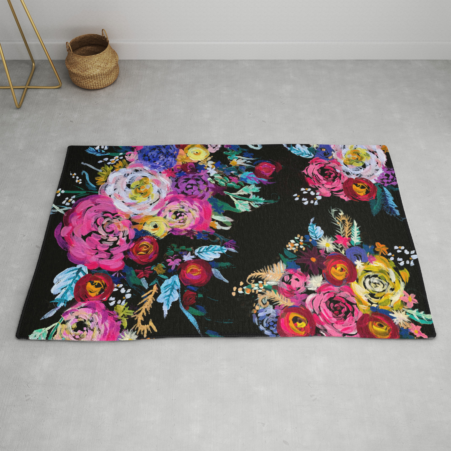 Colorful Floral Painting On Black Canvas Rug By Melissapolomsky