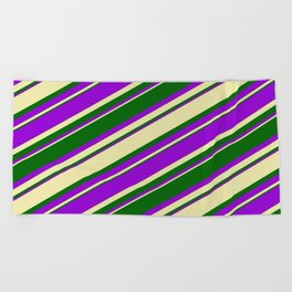 [ Thumbnail: Pale Goldenrod, Dark Green & Dark Violet Colored Lined Pattern Beach Towel ]