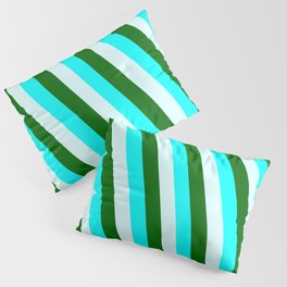 [ Thumbnail: Aqua, Light Cyan & Dark Green Colored Stripes Pattern Pillow Sham ]