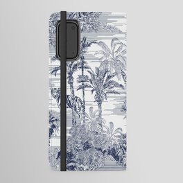 Toile Engraving Tropical Islands Seamless Pattern, Oriental Palm Trees Wallpaper, Wildlife Tigers in Exotic Plants Ocean Beach Blue on White Background, Linear Jungle Oceania India Landscape design Android Wallet Case