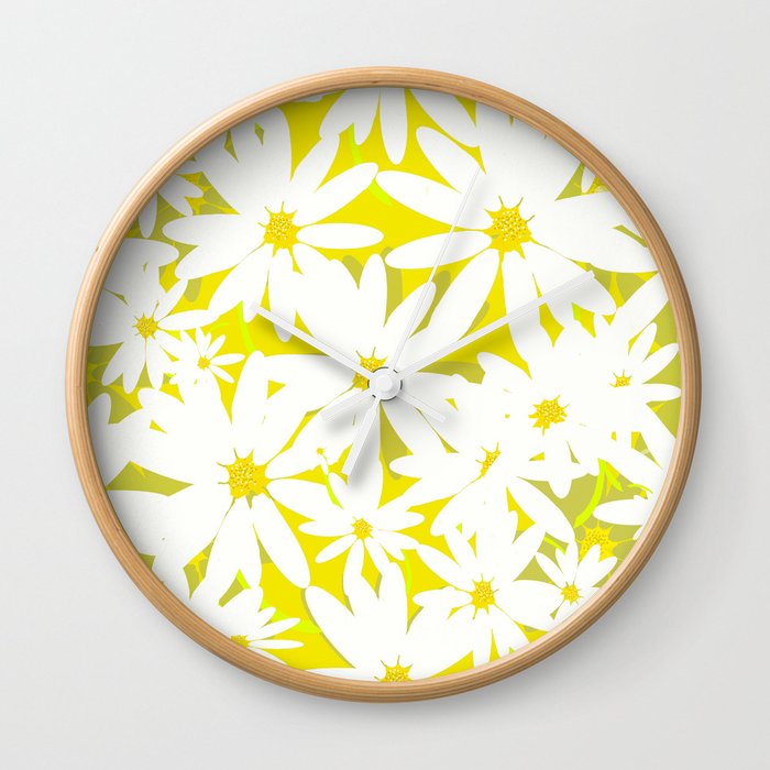 White Daisy Flowers Yellow Background #decor #society6 #buyart Wall Clock