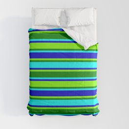 [ Thumbnail: Aqua, Blue, Chartreuse, and Green Striped Pattern Comforter ]