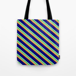 [ Thumbnail: Mint Cream, Lime, Plum, Orange, and Blue Colored Lined Pattern Tote Bag ]