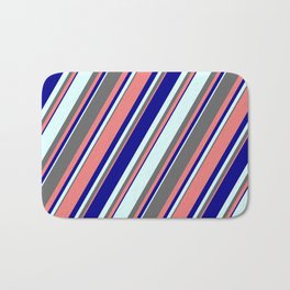[ Thumbnail: Dim Grey, Light Coral, Dark Blue & Light Cyan Colored Stripes Pattern Bath Mat ]