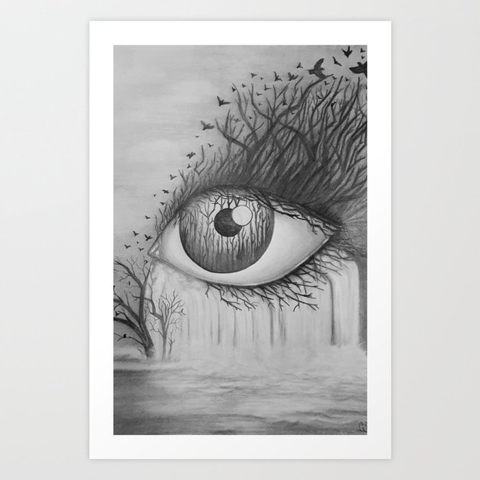 Eye with Waterfall Pencil Drawing Art Print by ...