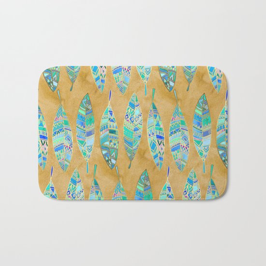 Jeweled Enamel Leaves on Tan Bath Mat