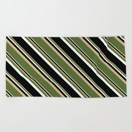 [ Thumbnail: Tan, Dark Olive Green, Mint Cream & Black Colored Stripes Pattern Beach Towel ]