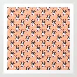 Boston Terrier Dog with Hearts Pattern on a Peach Background Art Print