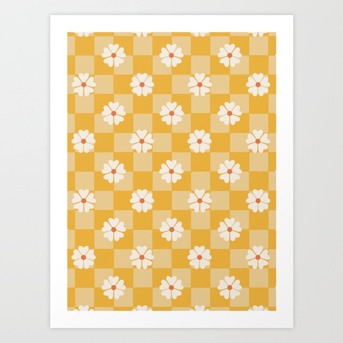 Daisies On Yellow Checkerboard Art Print