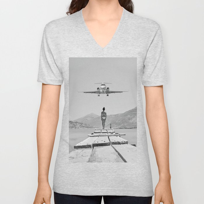 Steady As She Goes; aircraft coming in for an island landing black and white photography- photographs V Neck T Shirt
