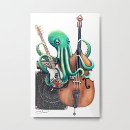 "Octo Bass" - Octopus Musician Metal Print | Funny, Orchestra, Bass, Ocean, Music, Green, Doublebass, Seacreature, Colored Pencil, Stringedinstrument 