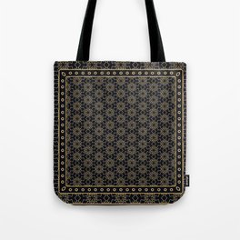 Black and gold abstract graphic pattern. Geometric ornament with frame, border. Line art, lace, embroidery background. Bandanna, shawl, scarf, tablecloth design Tote Bag