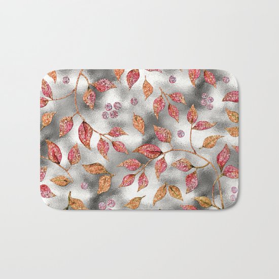 Autumworld- Sparkling pink glitter leaves on silver background #Society6 Bath Mat