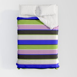 [ Thumbnail: Eyecatching Plum, Blue, Black, Green, and White Colored Striped/Lined Pattern Duvet Cover ]