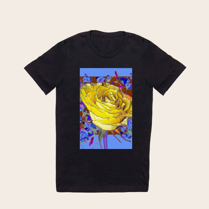GRAPHIC YELLOW ROSE BLUE FLOWERS BROWN ART T Shirt